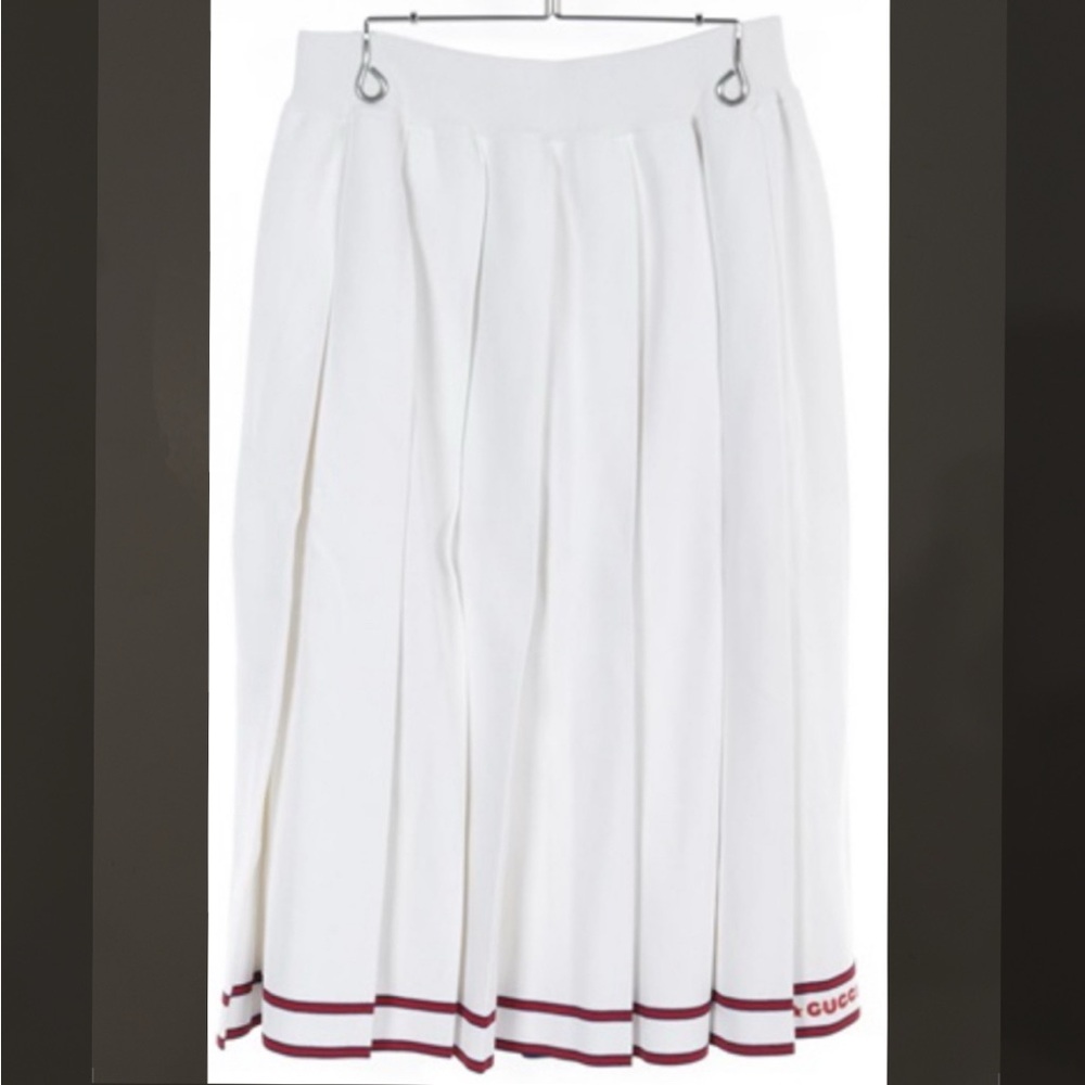 NWT Gucci White A-Line Midi Skirt with Logo and Pleats